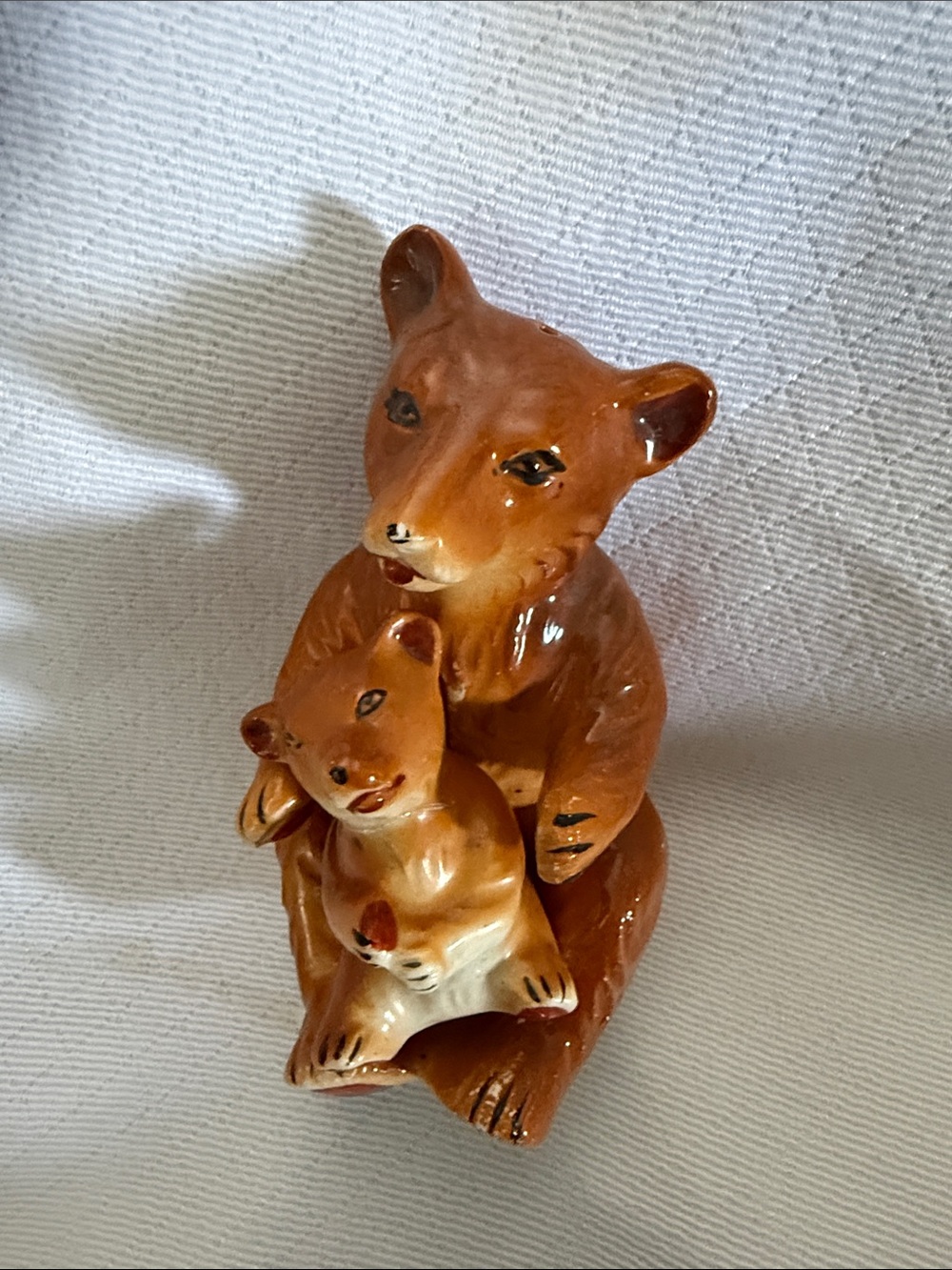 Vintage Japan Ceramic Mama Bear and Cub Hugging Salt Pepper Shakers 1950s